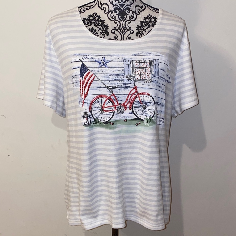 5/$50 Karen Scott Patriotic Farmhouse American flag Striped Tee Size 1X